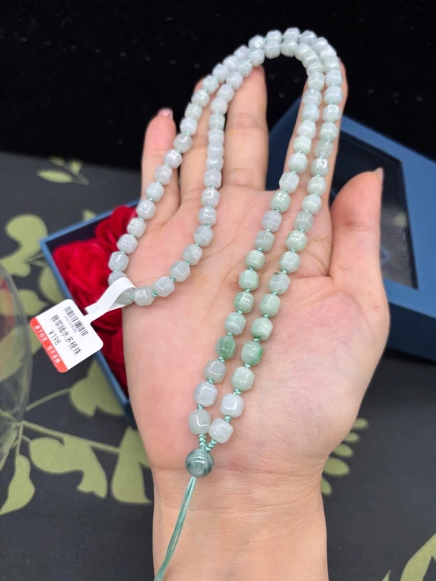 福利天然缅甸翡翠A货晴水多棱珠6mm玉石挂件绳毛衣链项链时尚百搭