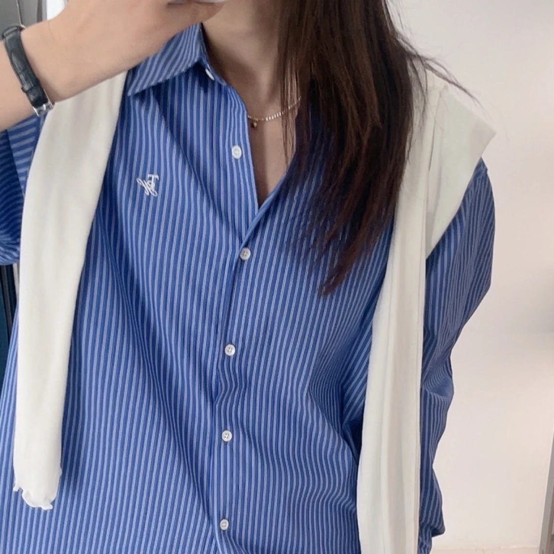 韩系复古慵懒条纹长袖衬衫秋季新款翻领设计百搭上衣