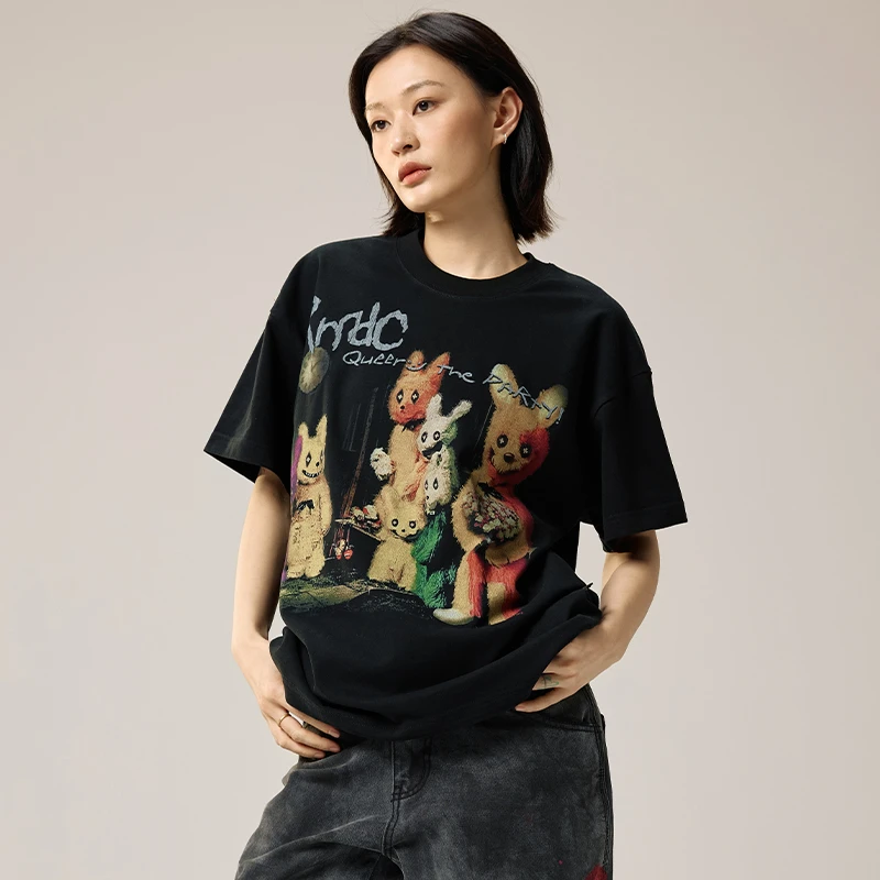 Remedy美式潮牌兔子派对卡通短袖T恤夏季国潮宽松圆领半袖上衣