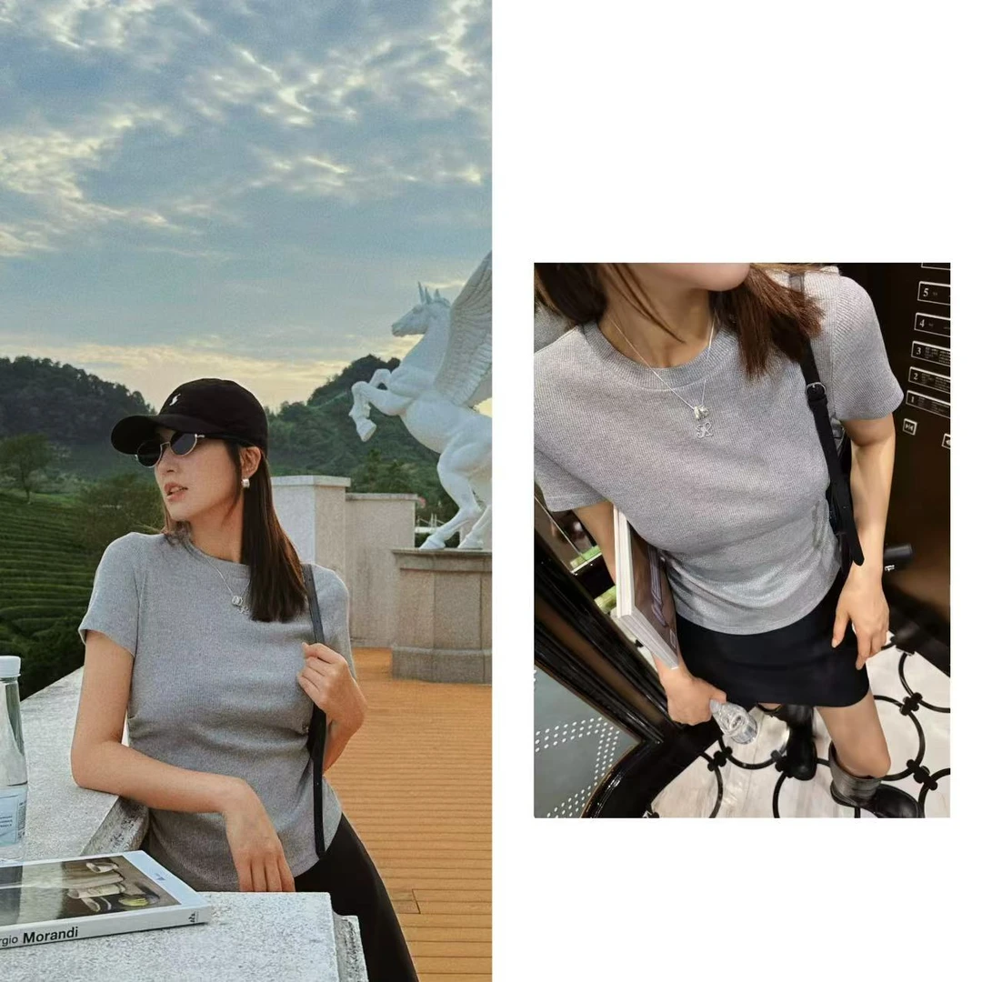 【25早秋】浅灰色字母修身短袖T   FT188