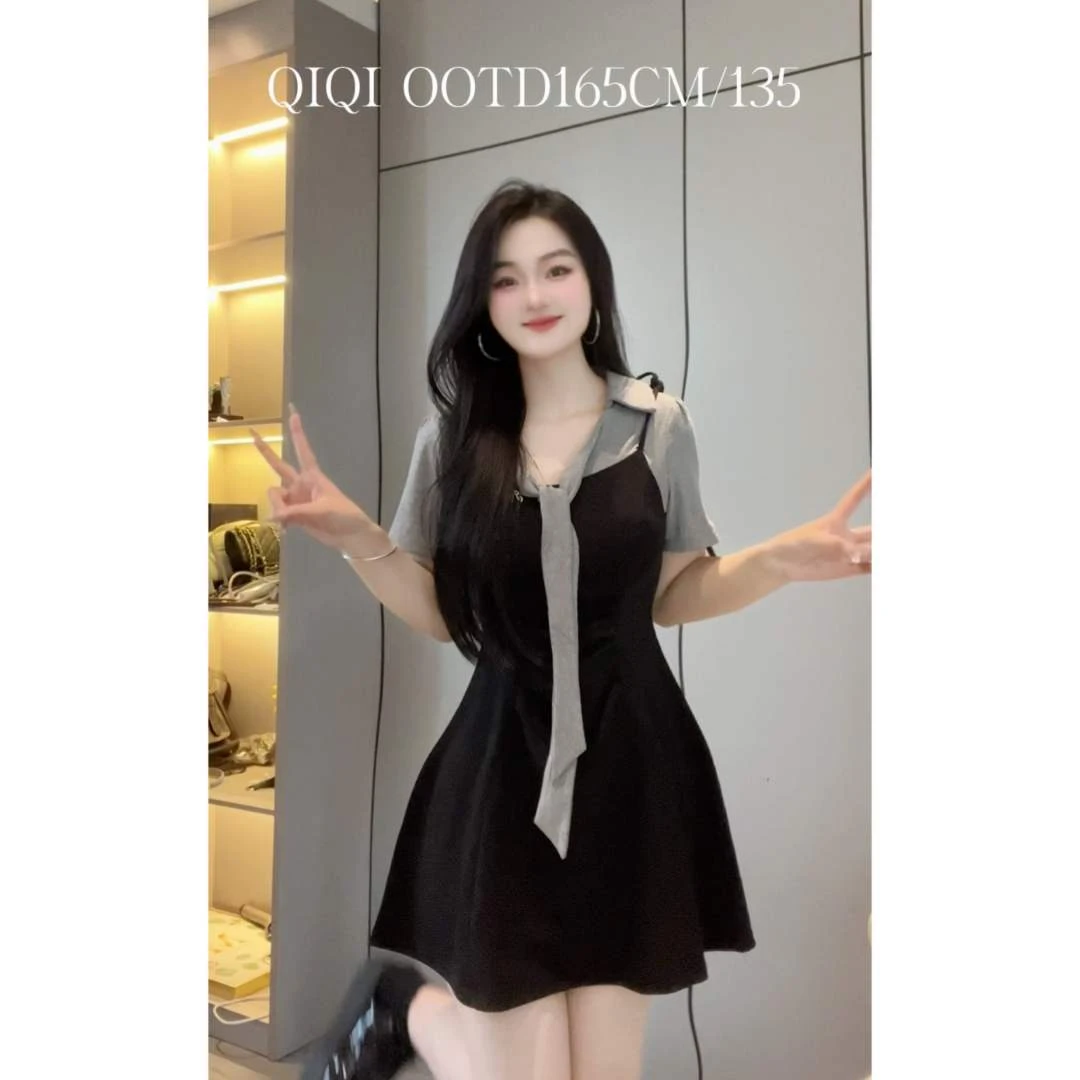 【素颜秘籍】9221微胖mm高级感减龄吊带绑带小众设计假两件连衣裙