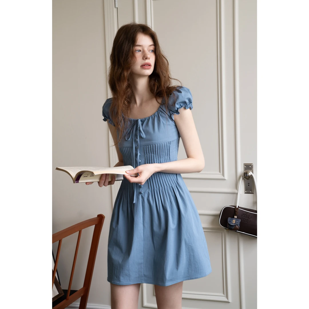 EGGKA【现现】风琴褶收腰花苞袖连衣裙E25D1586YM