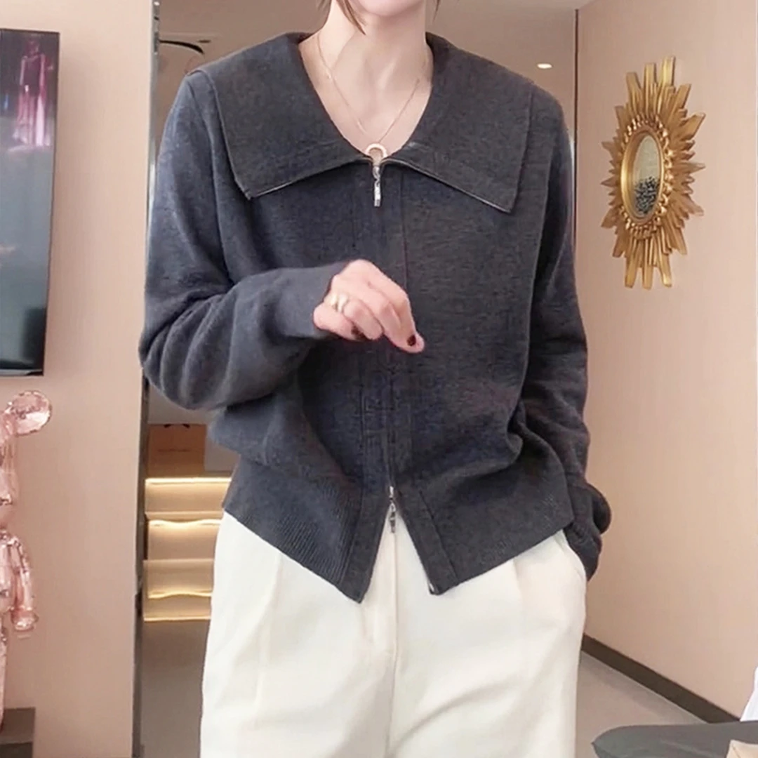 红色翻领双拉链长袖针织开衫女秋冬新款毛衣开衫外套宽松休闲上衣