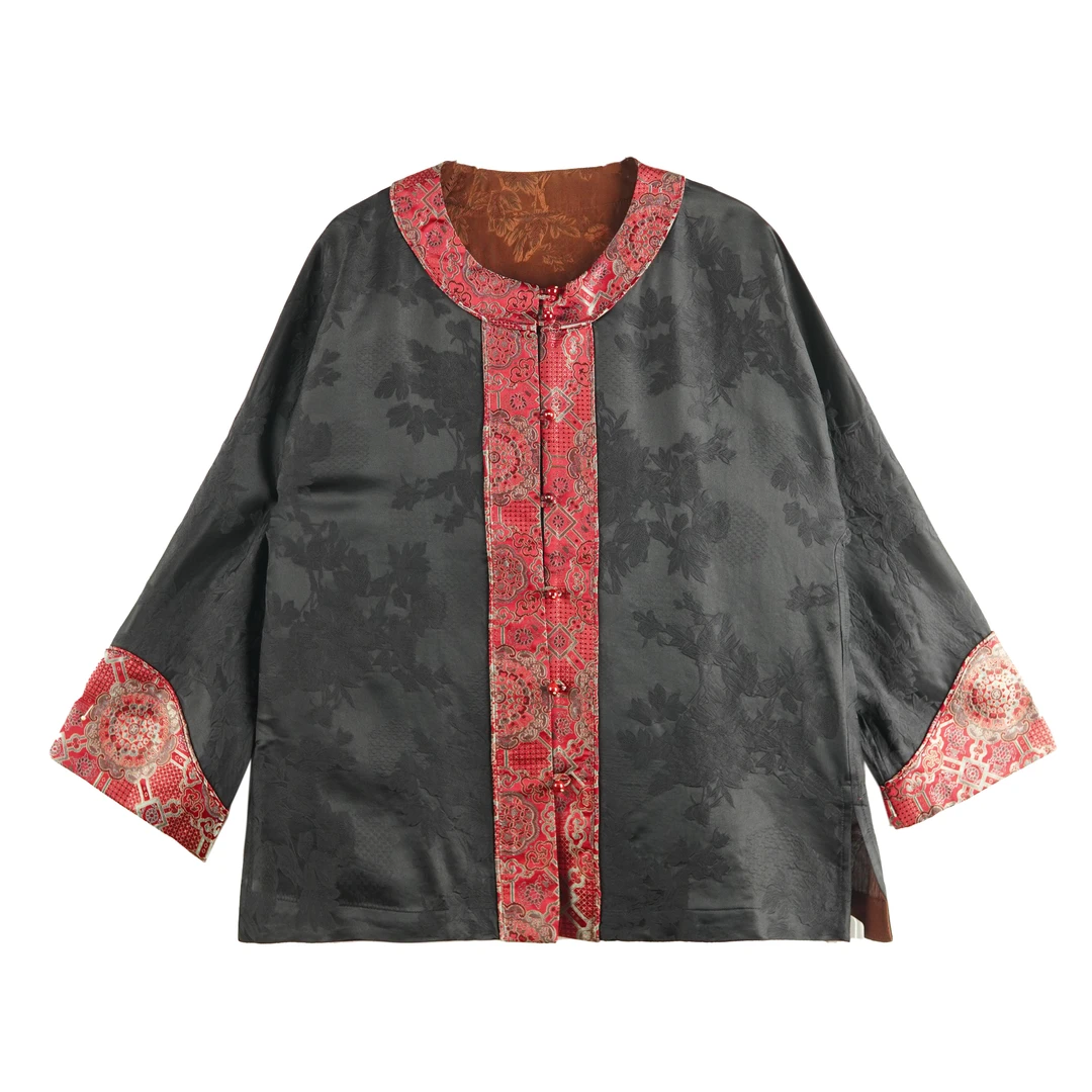 2024时尚新款桑蚕丝宋锦拼接圆领外套24692