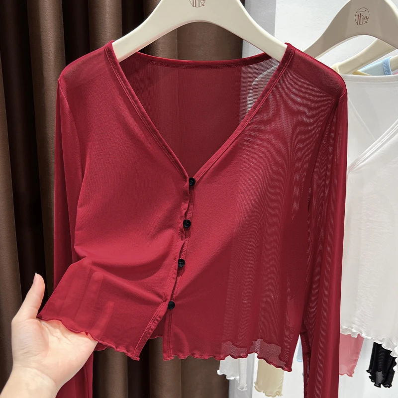 红色超薄透视网纱短外套女秋季爆款高级感V领短款木耳边洋气开衫