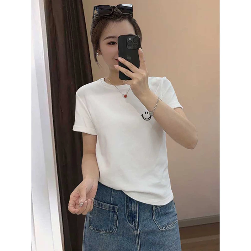 设计感正肩磨毛圆领短袖t恤女时尚百搭白色上衣打底衫2025春夏季