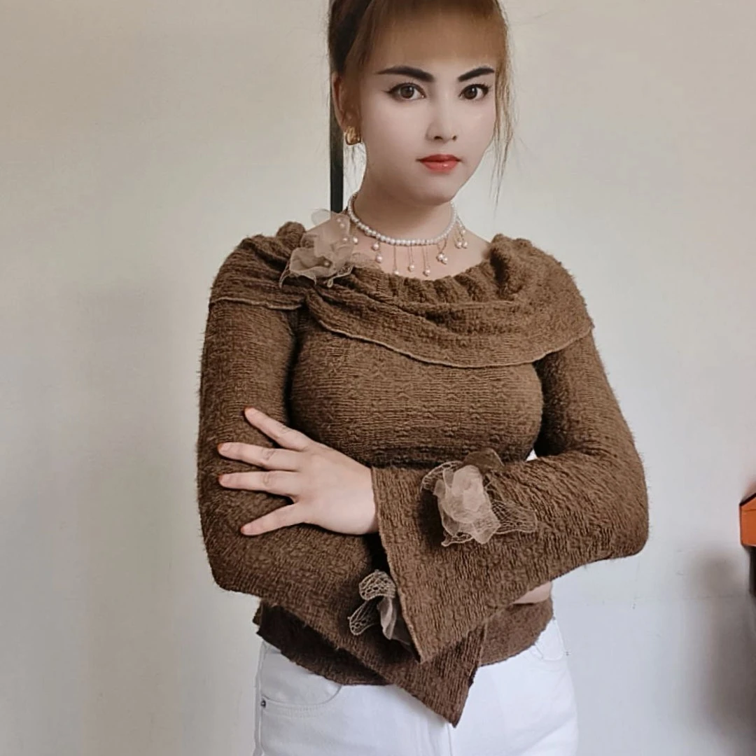 方领喇叭袖简约通勤纯色毛针织衫打底衫athflow风
