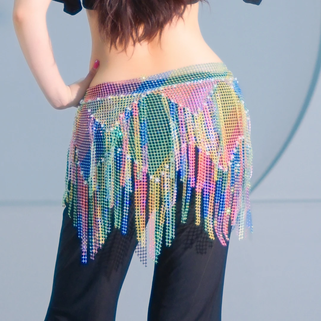 肚皮舞极光细闪臀巾多层流苏烫钻腰链东方舞蹈服团体百搭表演出服