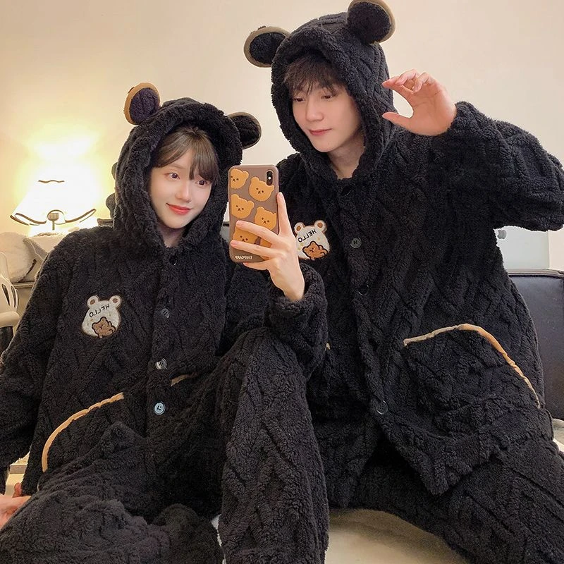 秋冬季睡衣女加厚加绒男士珊瑚绒情侣款珊瑚绒宽松保暖家居服套装