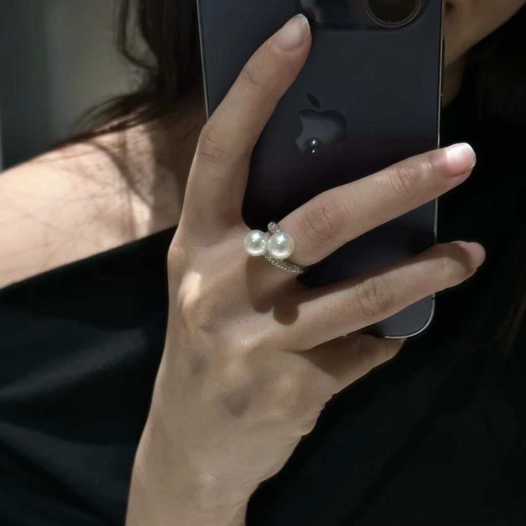 日本海水akoya双珠戒指设计款珍珠戒指s925银