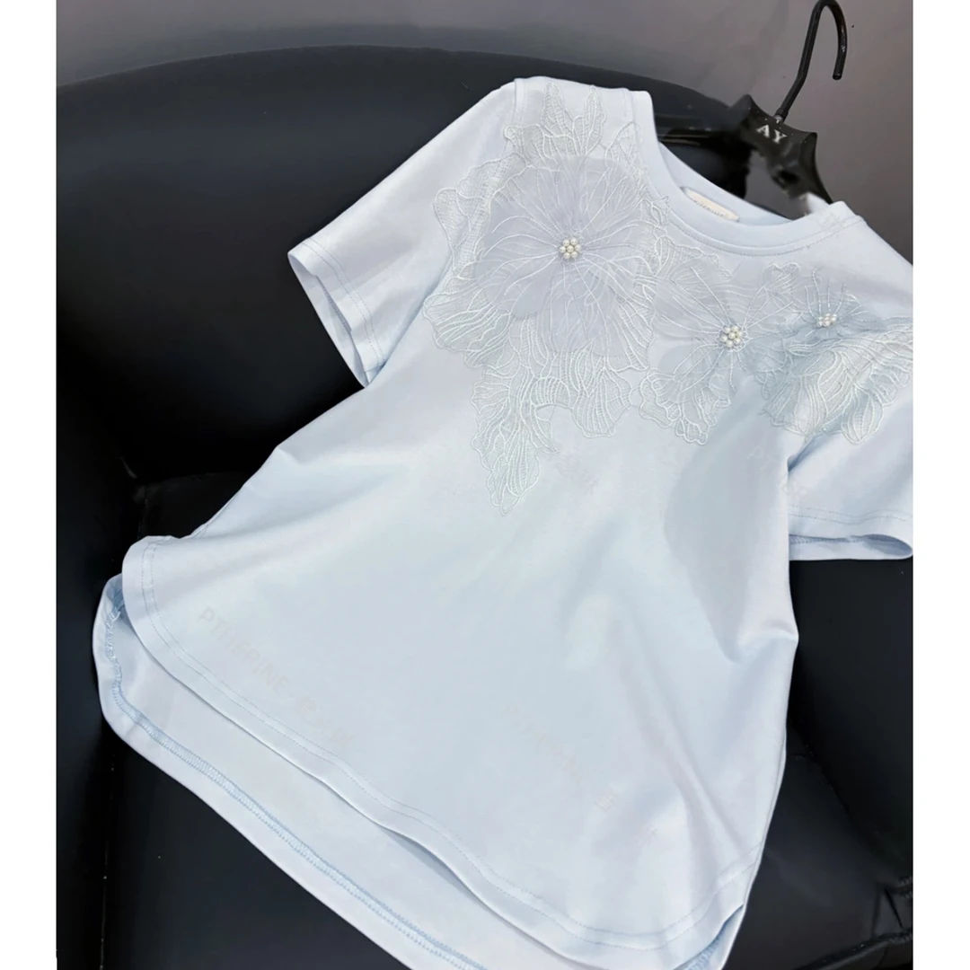 气质重工钉珠蕾丝花瓣短袖T恤女夏2025新款百搭减龄洋气上衣7222