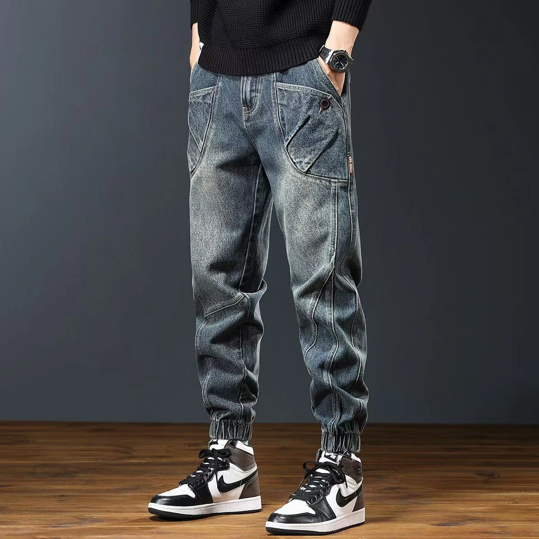 高端潮牌做旧束脚牛仔裤男士春秋新款宽松痞帅潮流大码工装裤子男