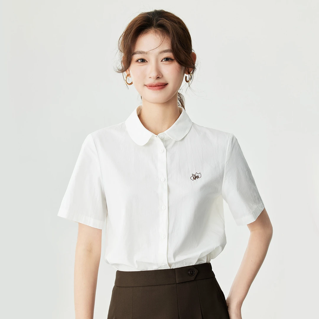 【茵曼女装】茵曼全棉舒适短白衬衫趣味绣花上衣F18424397