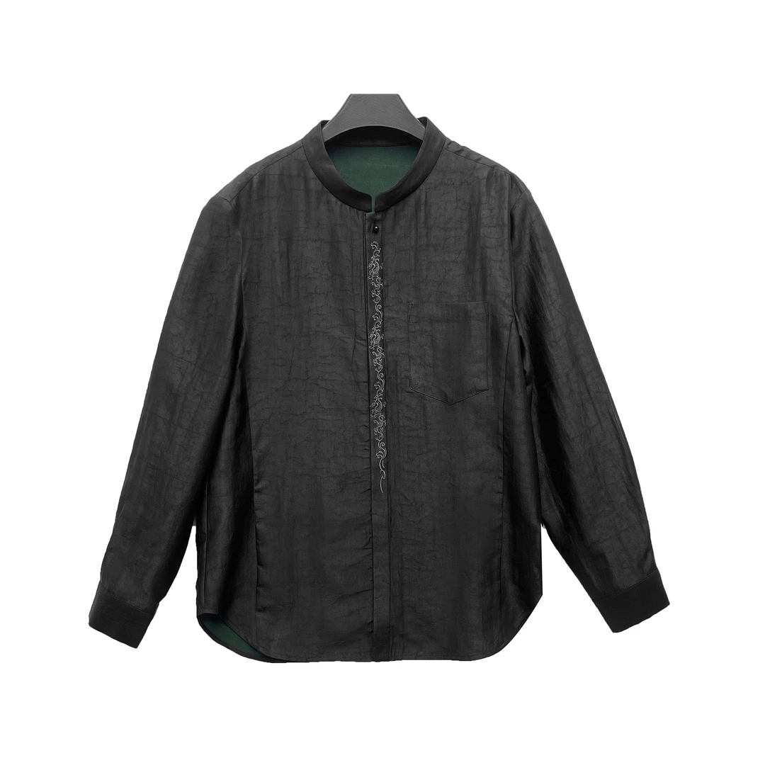 YA015-25年男装中式国风重工刺绣龟裂纹香云纱立领长袖衬衫