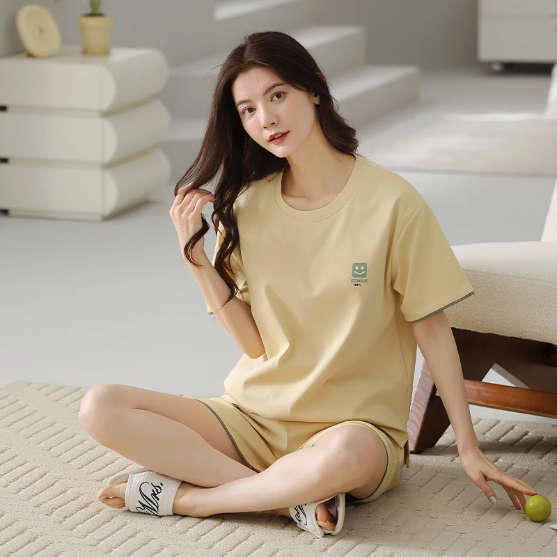 睡衣女夏季棉花新款笑脸字母短袖短裤家居服两件套装-684