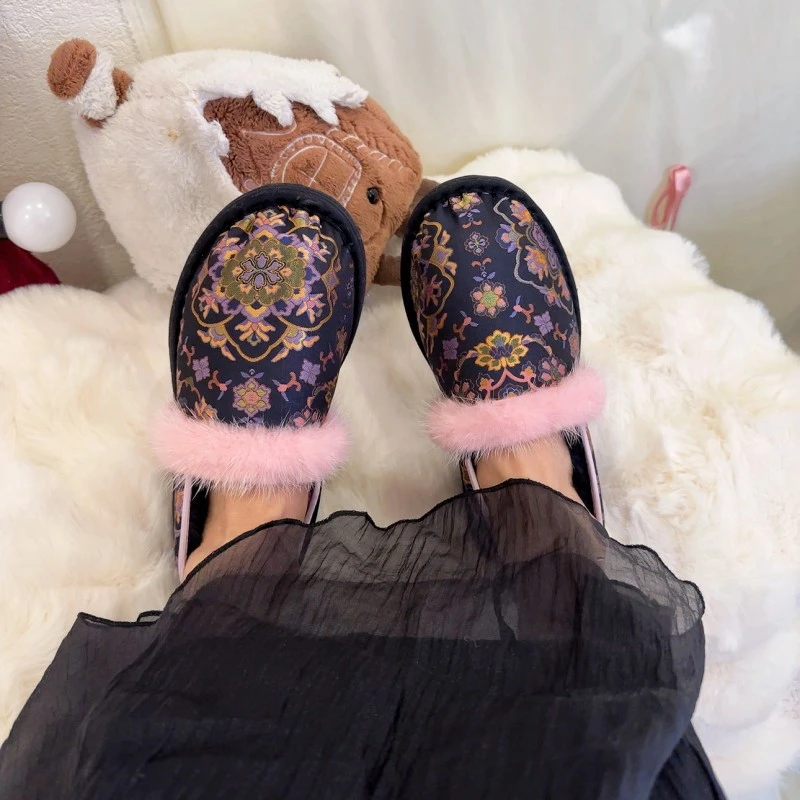网红纯手工千层底舒适百搭休闲保暖豆豆鞋一脚蹬毛绒女鞋布鞋冬季