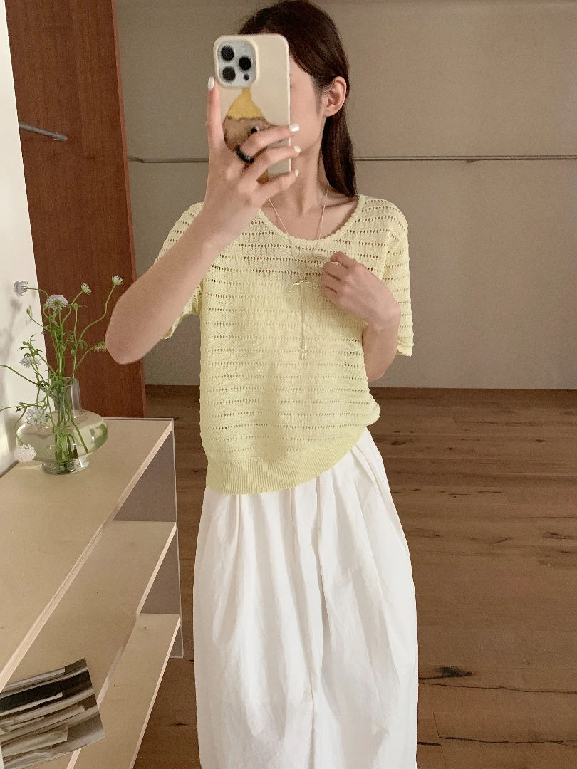 【潘潘.508811】2025年夏季新款桑蚕丝和纸+金线圆领短袖针织衫