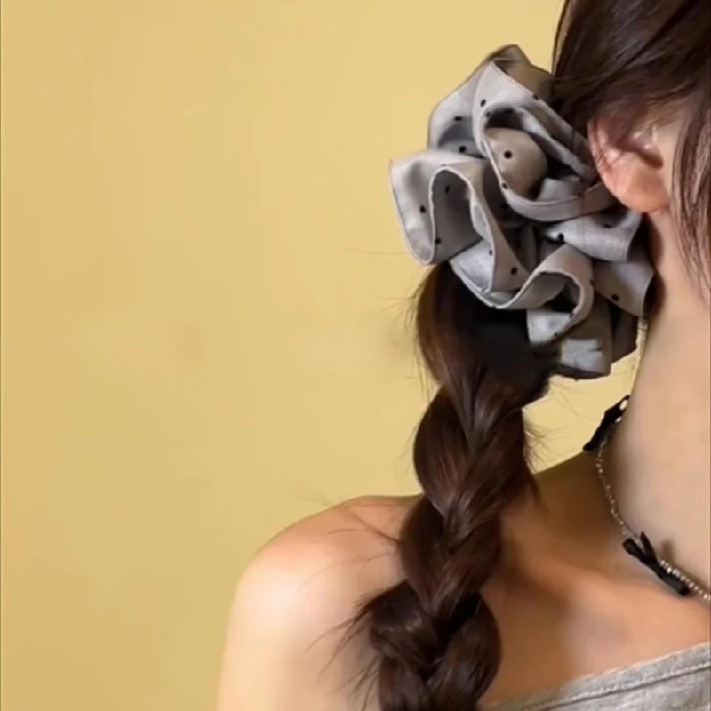 灰色波点布艺大肠发圈女花朵发绳韩系低马尾头绳扎头发皮筋发饰品