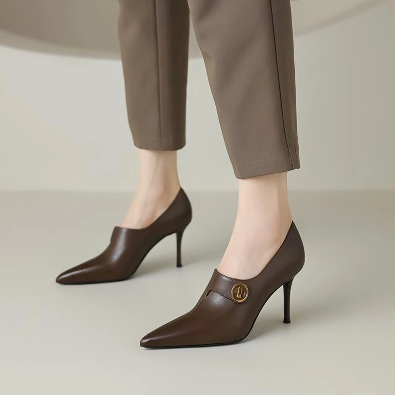 里外纯皮！尖头细跟深口单鞋女秋冬季新款气质卡其色高跟鞋设计感
