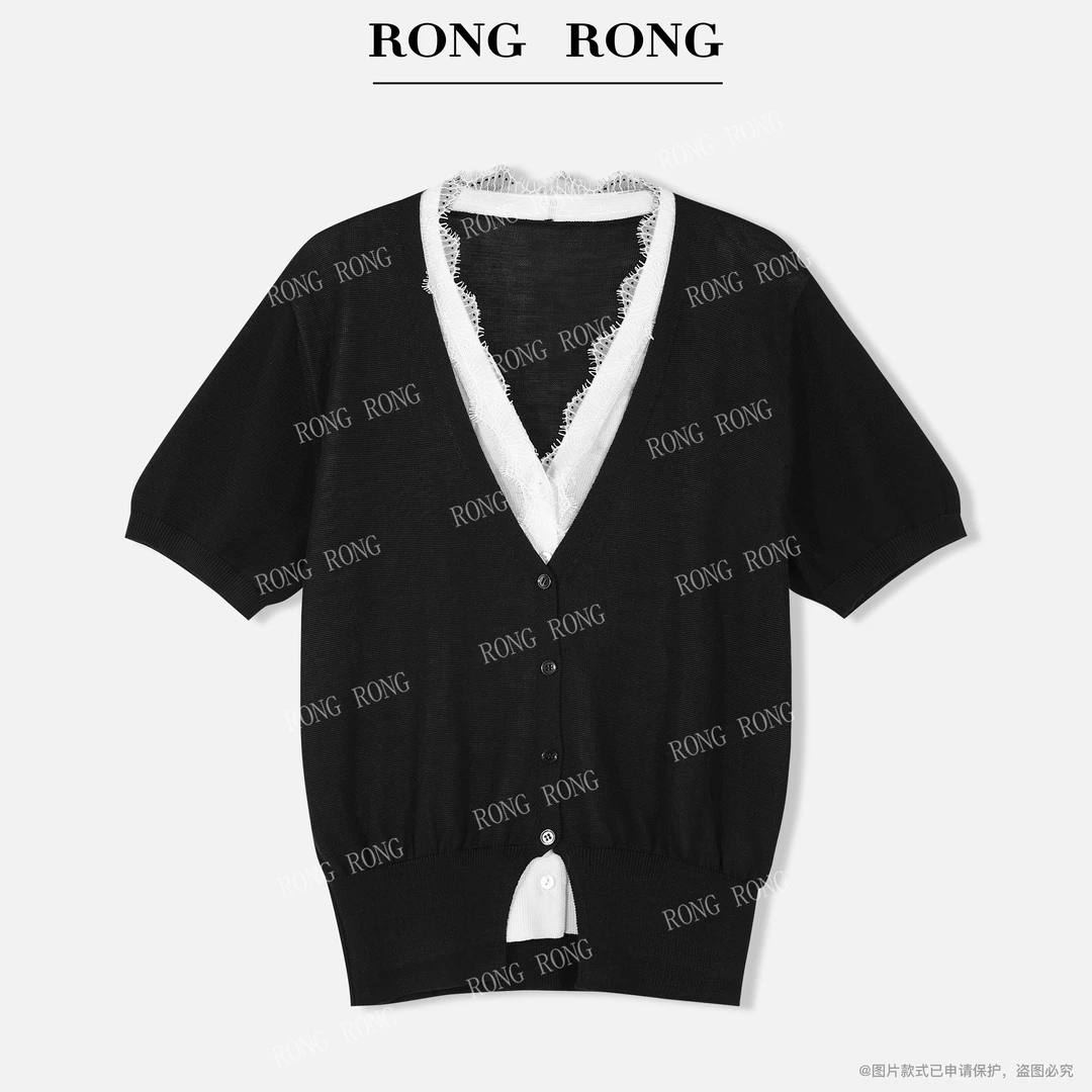 溶溶【半墨姿夏】RONGRONG 莱赛尔拼接蕾丝花边短袖上衣C-A208350