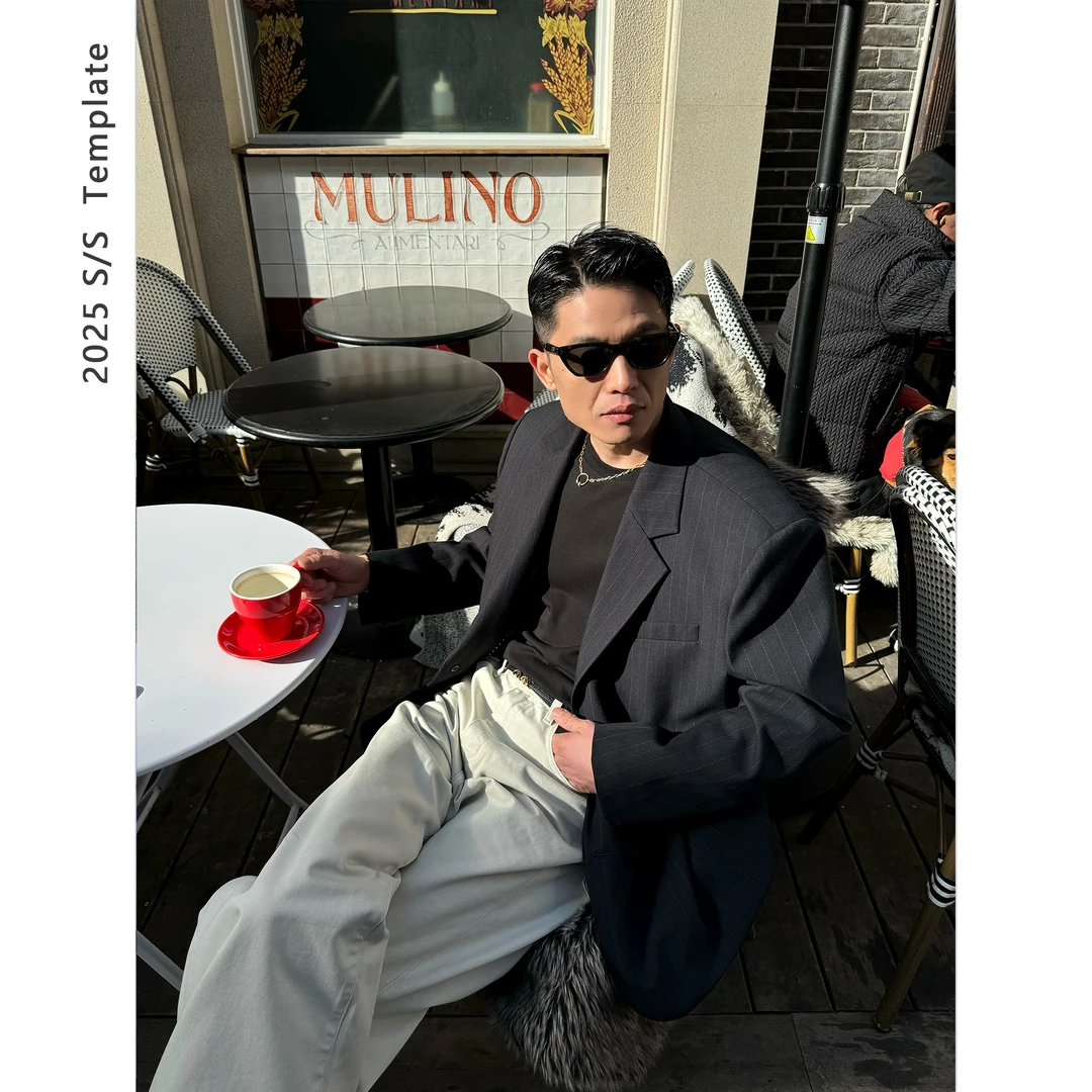 DUPU 25ss “优雅赴会” 复古藏青撞橘羊毛混纺条纹休闲西装