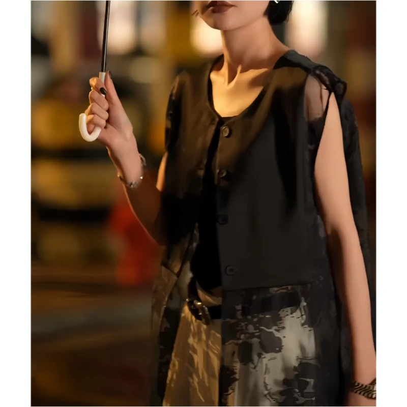 夏季新款薄款设计感小众时尚宽松高级感黑色百搭无袖复古气质马甲