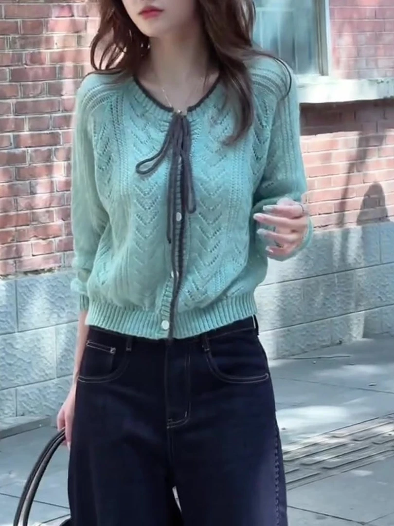 欧货长袖显白针织衫2025秋季女装新款设计感时尚镂空系带显瘦上衣