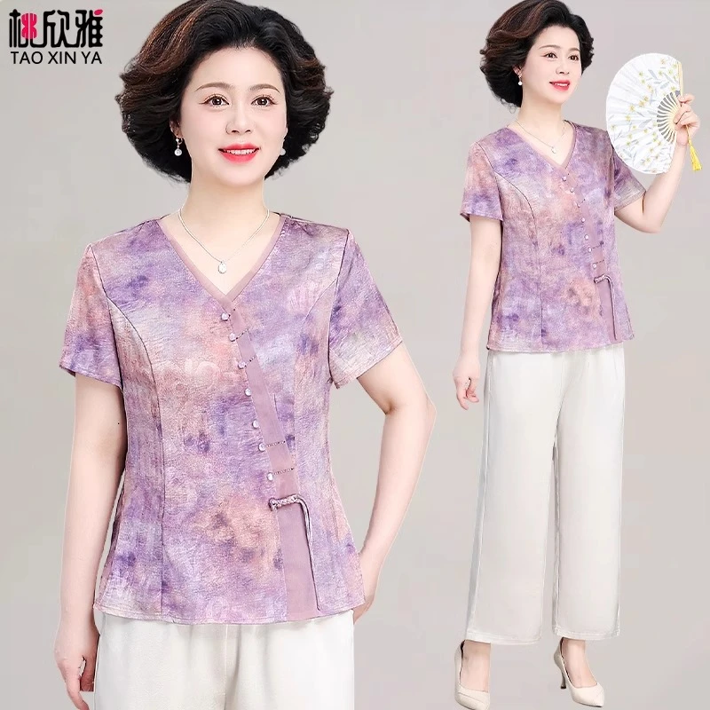 新中式妈妈夏装套装2025新款贵夫人中老年女夏季短袖T恤洋气上衣