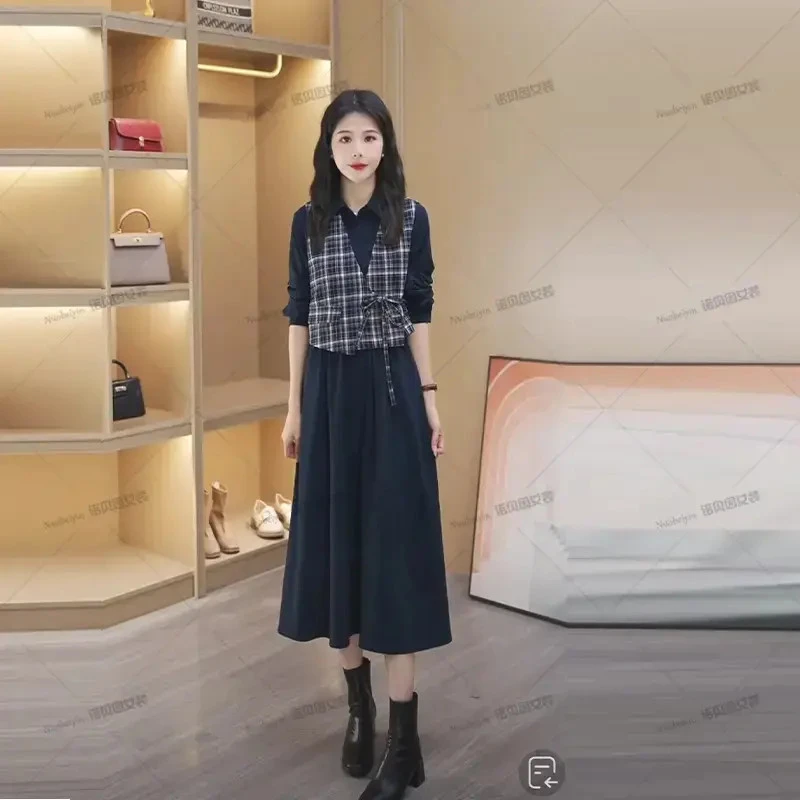 nuobeiyin/诺贝因秋季新款翻领衬衫连衣裙格子马甲套装NNBY660840