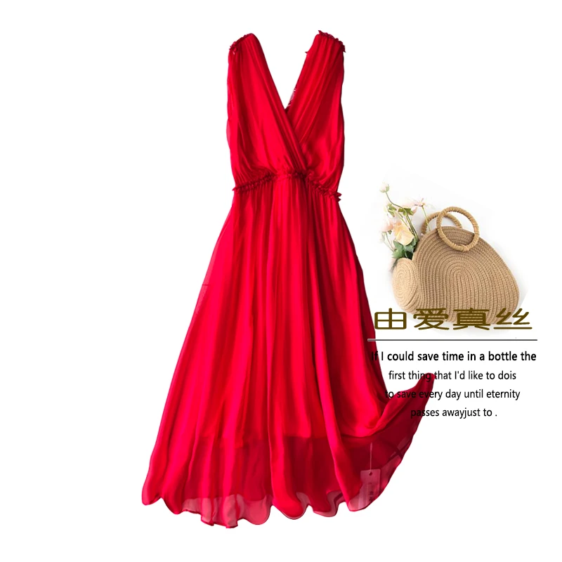 100%真丝无袖连衣裙长裙纯色夏季出游海边度假沙滩红色真丝连衣裙