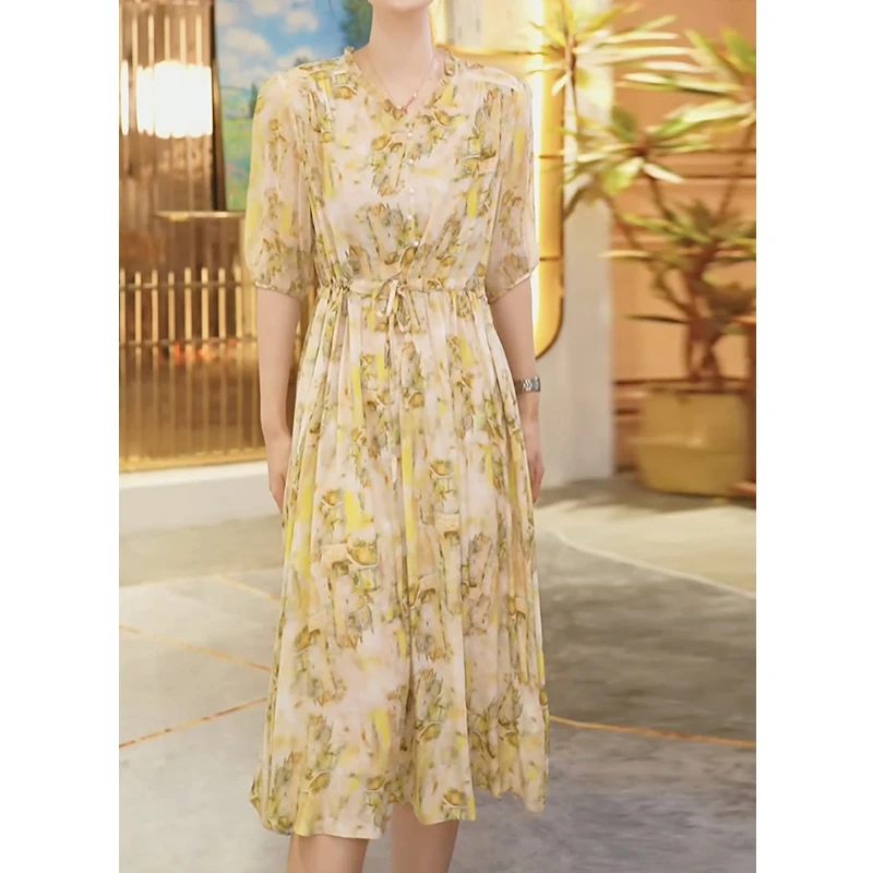 【堇兰桑蚕丝】夏季新款真丝裙印花收腰桑蚕丝连衣裙女YYQ22-752