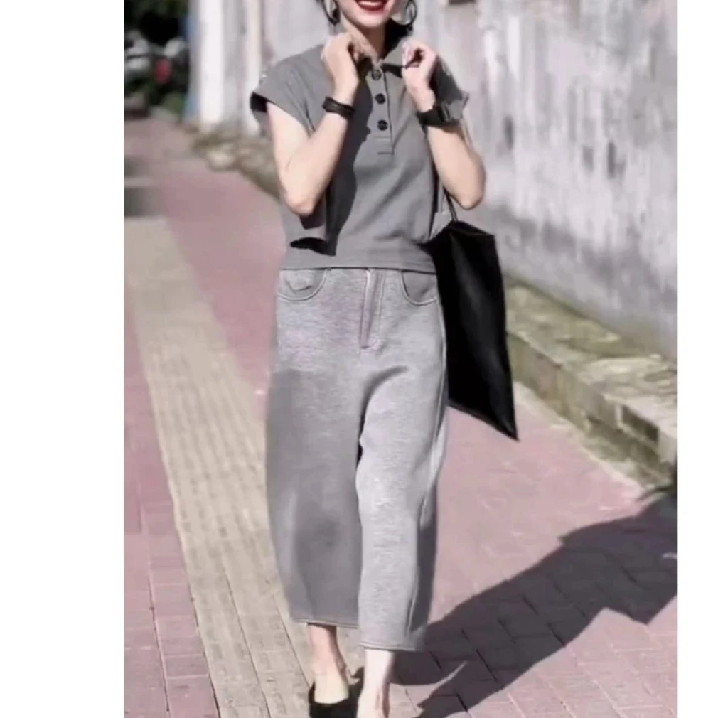 新款设计感翻领上衣宽松休闲阔腿裤显瘦03两件套