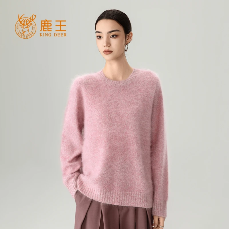 鹿王25秋冬新款女圆领100山羊绒宽松休闲花纱针织套衫 厚 L513