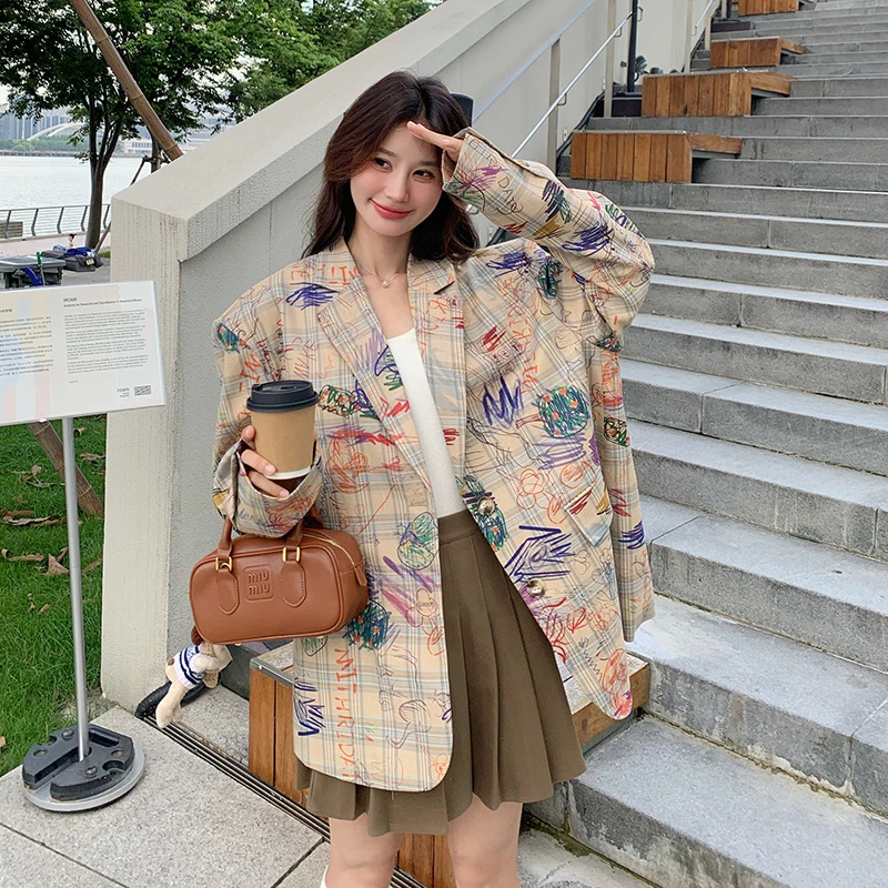 韩系ins风涂鸦印花西装外套春秋2025新款设计感小众独特炸街西服