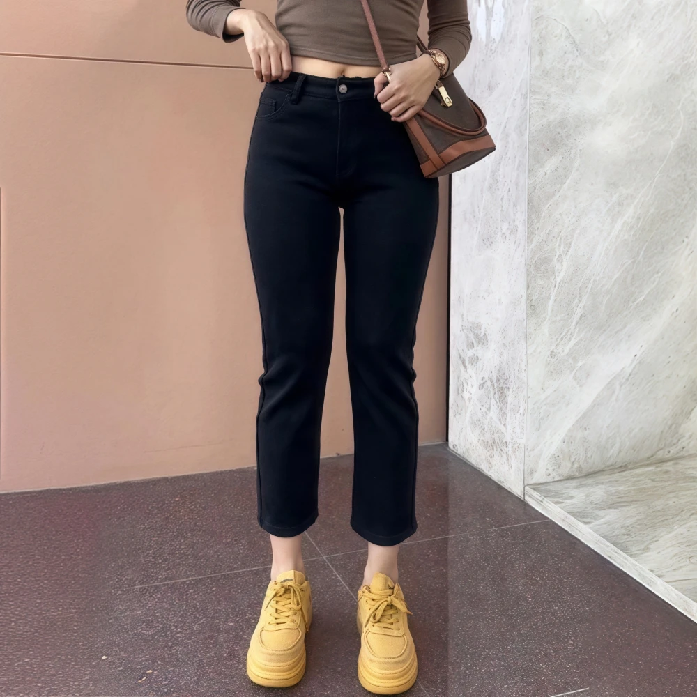 新款弹力小直筒牛仔裤女胖mm大码高腰显瘦小个子黑色九分烟管裤子