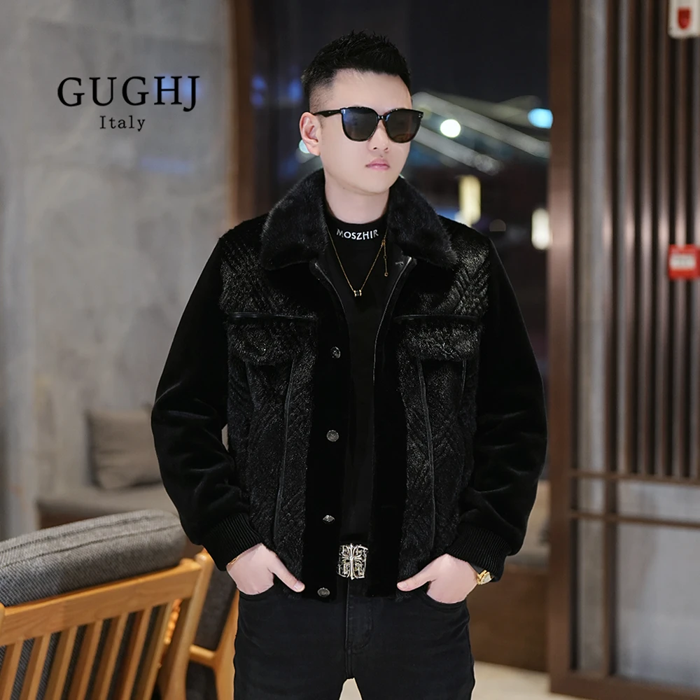 冬季新款男士水貂毛领保暖加厚外套时尚潮流轻奢休闲翻领短款夹克