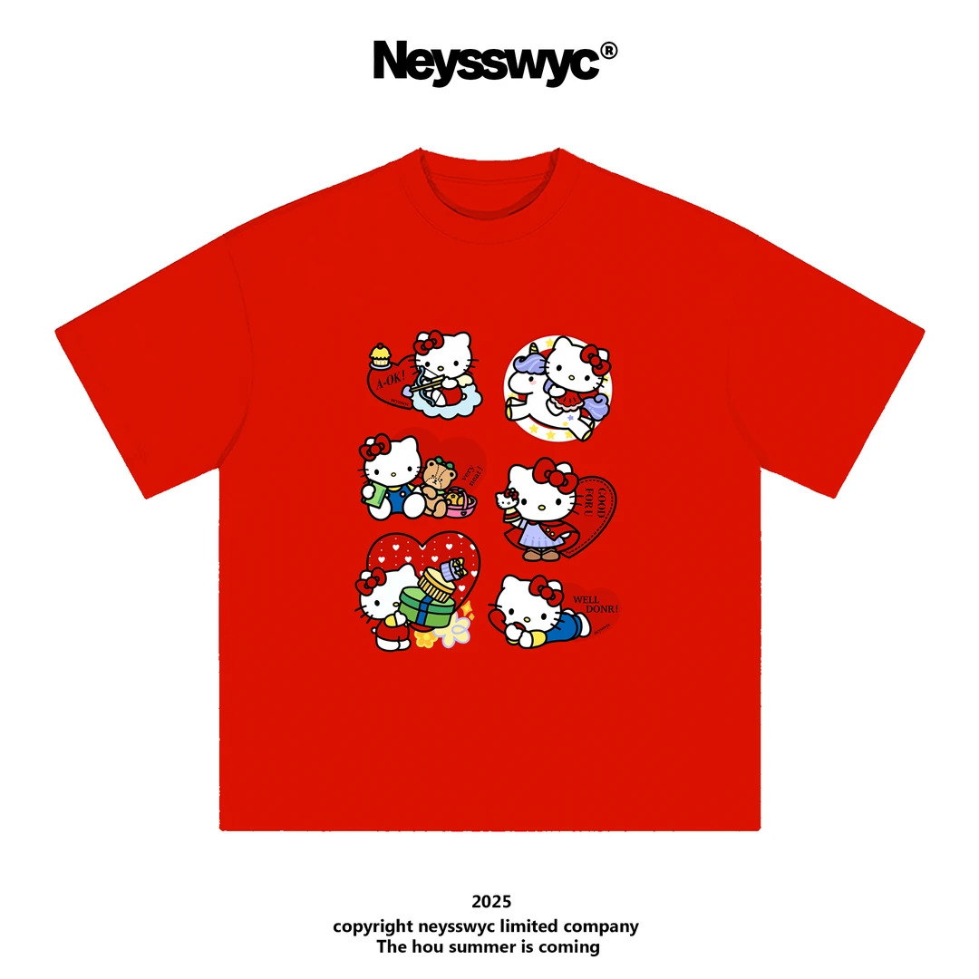 NEYSSWYC 黑色红色新款短袖T恤涂鸦趣味T恤宽松情侣夏kt新款百搭