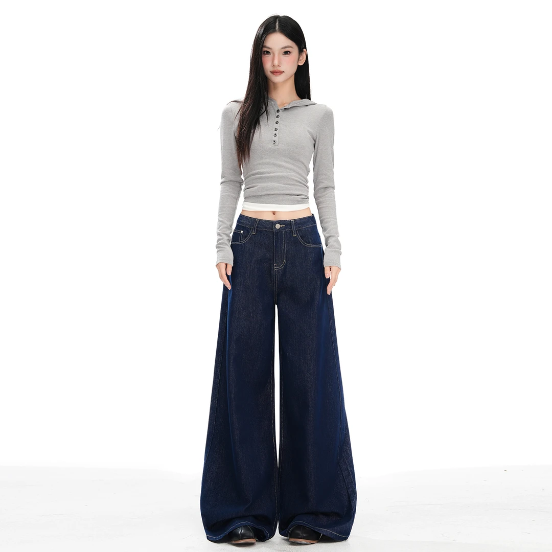 早秋新款&美式复古不掉色牛仔宽松阔腿垂感拖地牛仔裤女
