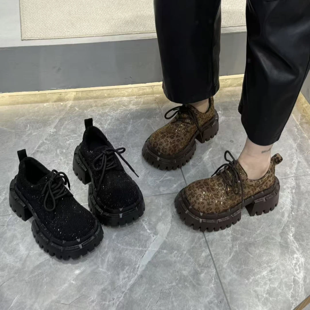 广州欧货【齿轮豹纹】冬真皮7cm系带时尚英伦风厚底洋气轻奢乐福鞋