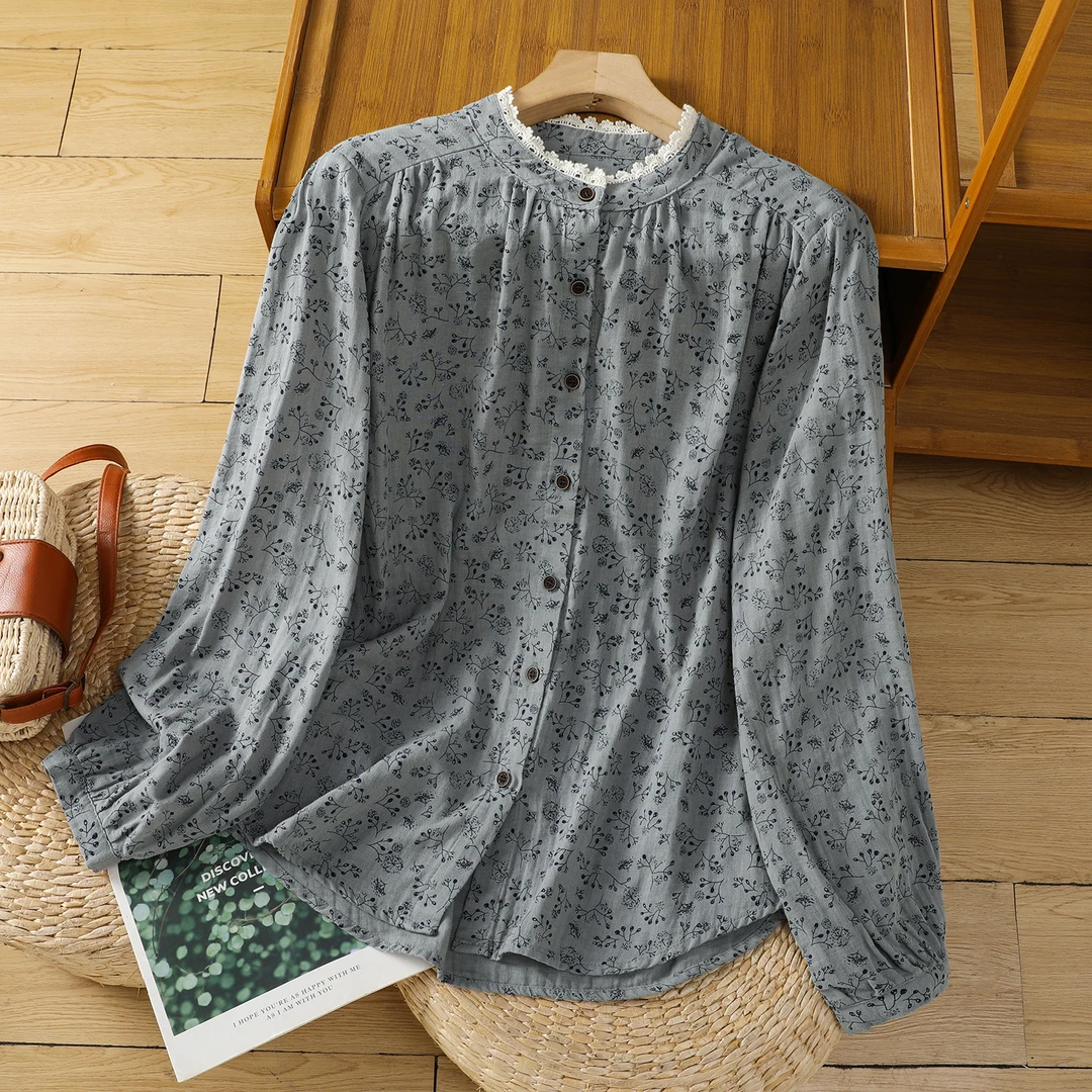 复古蕾丝花边印花衬衫女士春季森系时尚休闲麻料长袖上衣