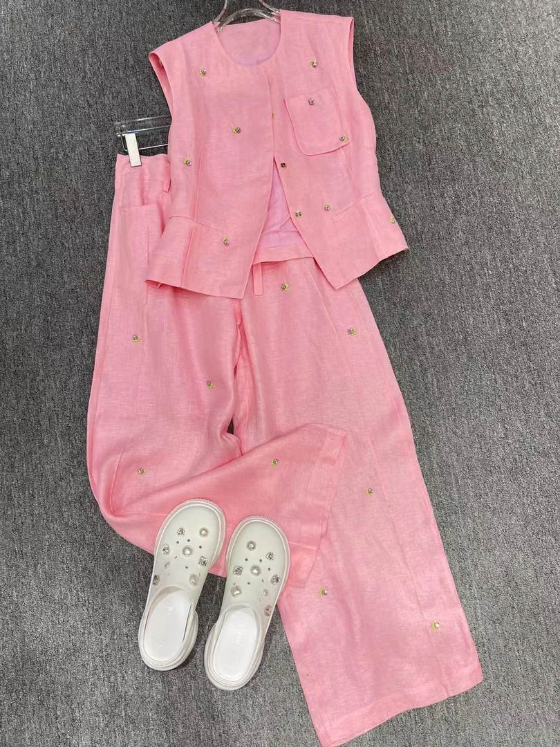 气质轻奢高级感女人味粉色简约上衣裤子套装女2025夏季超火两件套