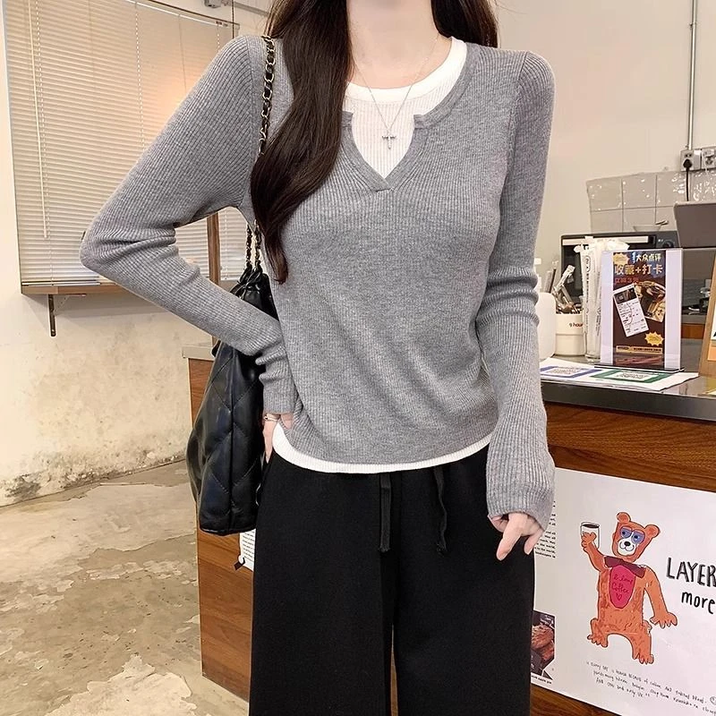 春秋长袖慵懒风假两件螺纹打底T恤韩版修身显瘦ins时尚设计感小衫