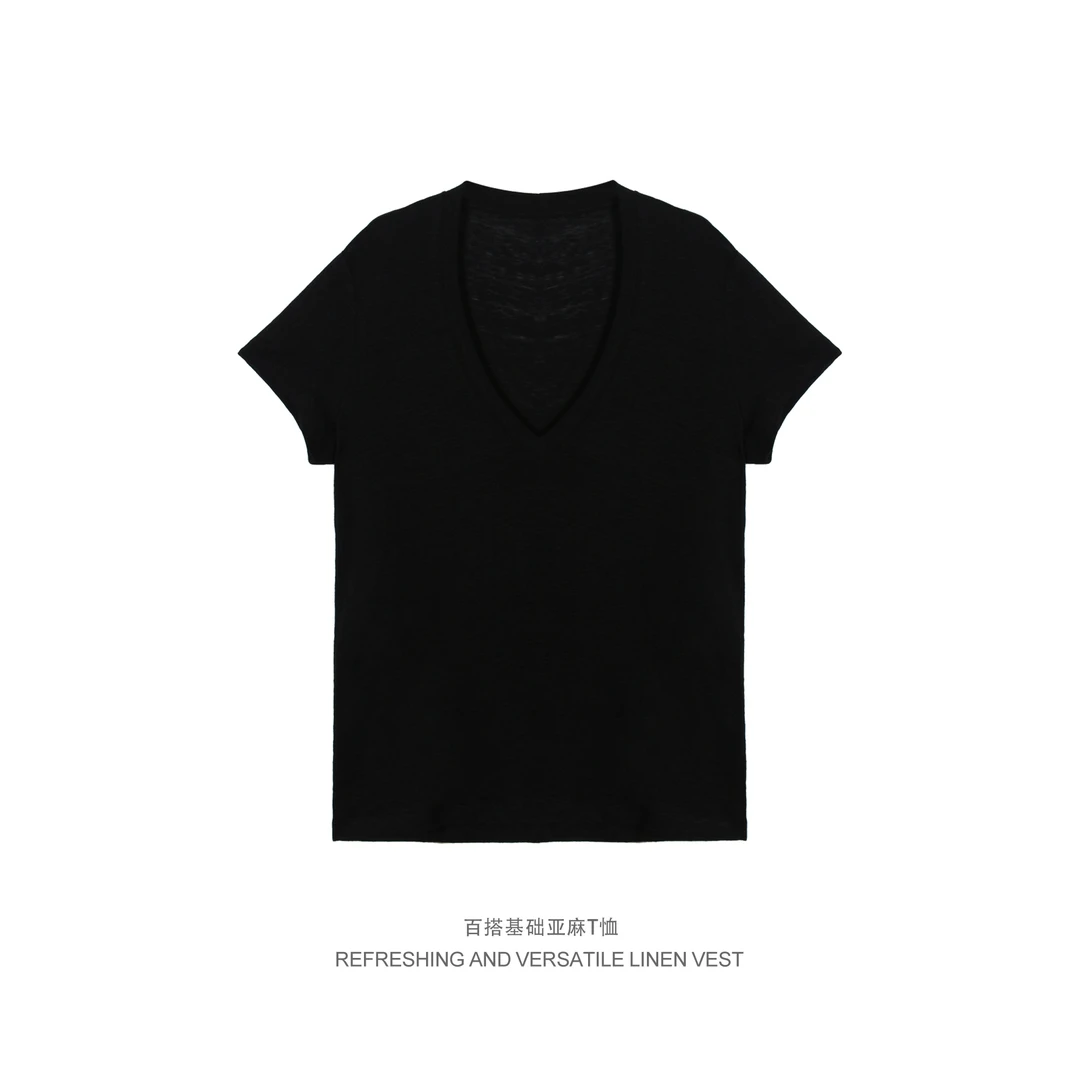 【邂逅】早春新款设计感简约百搭时尚v领短袖舒适藏蓝色T恤F25C1099