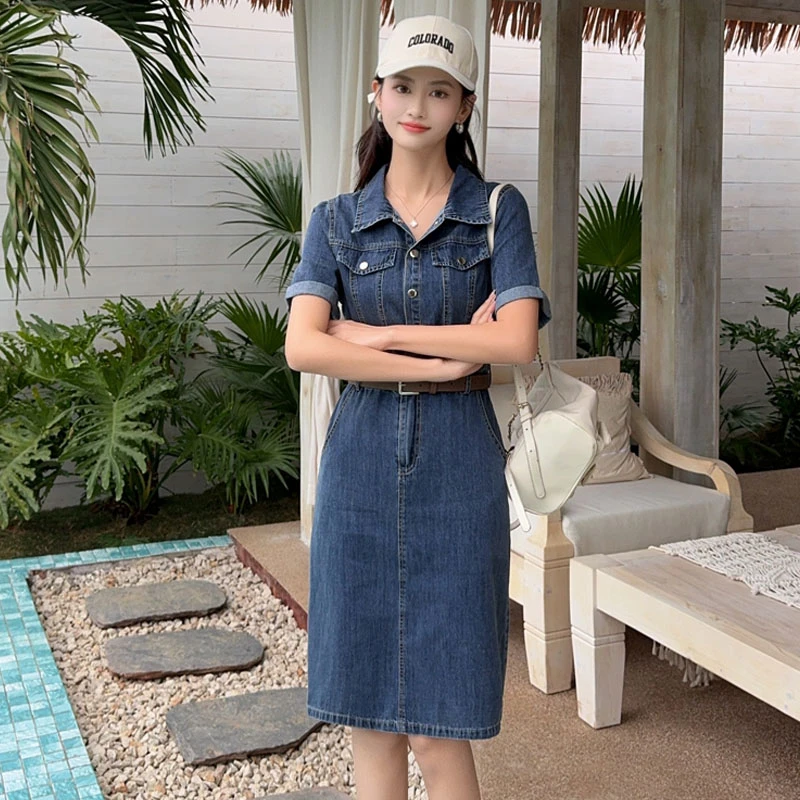高级感短袖开叉牛仔连衣裙女夏季2025年新款休闲减龄减龄显瘦夏款