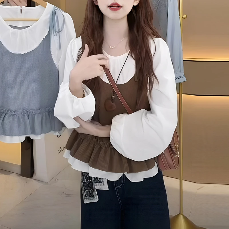 2025春秋新款法式拼接气质收腰显瘦长袖衬衫女韩版洋气休闲风上衣