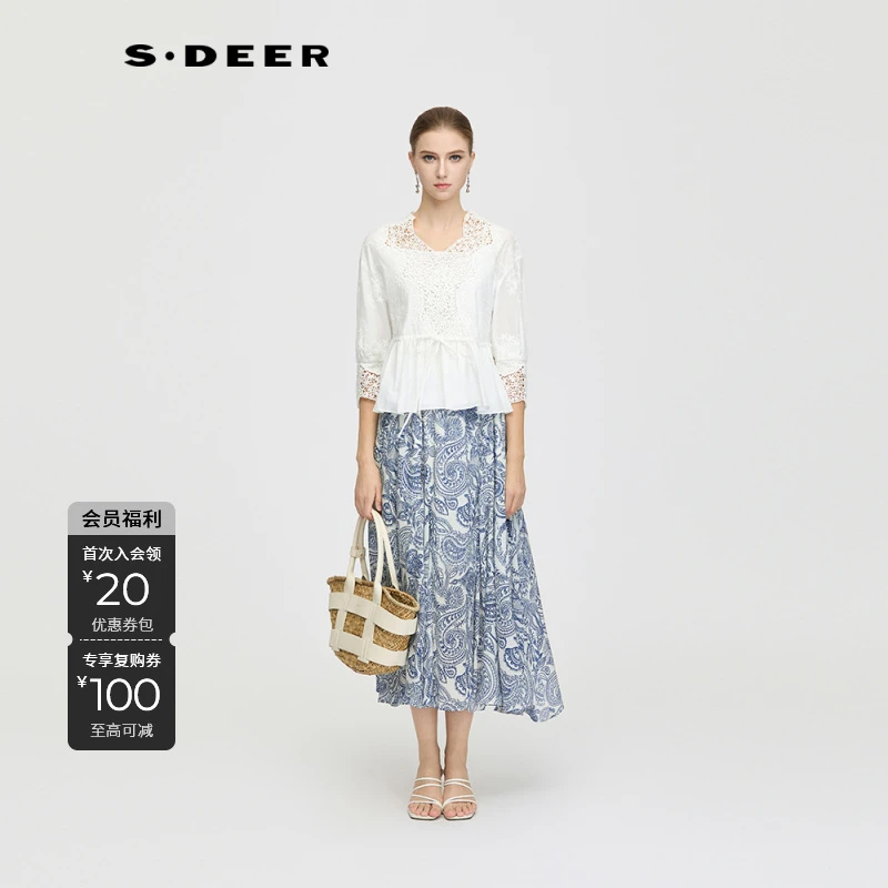 S·DEER百搭气质设计师V领系带显瘦纯欲风蕾丝长袖T恤S252Z3224