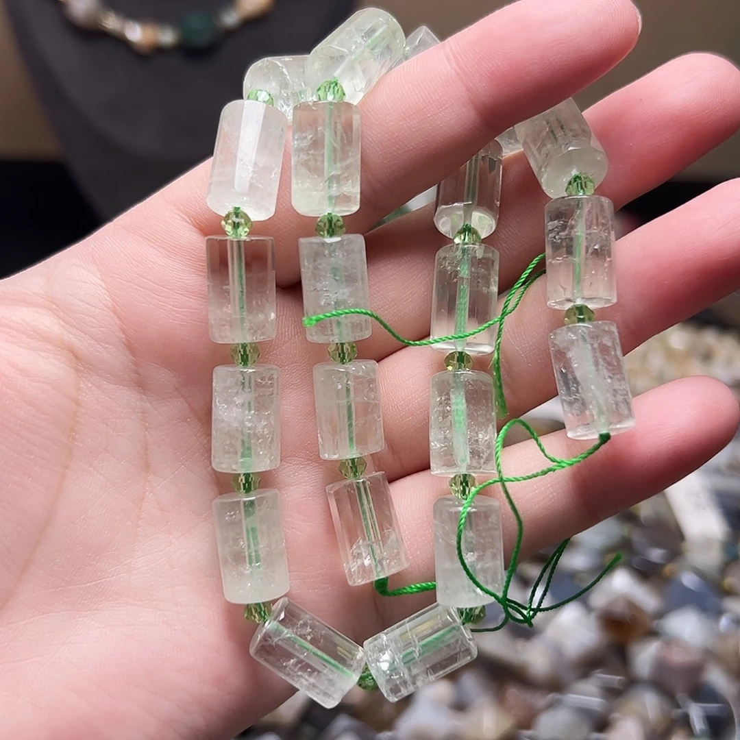 玛瑙/玉髓合金珠宝半成品D588，9.7mm天然绿水晶桶珠一条/拍二发一