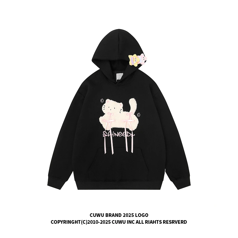 cuwu韩系慵懒chic小猫植绒刺绣连帽卫衣女男秋季宽松休闲情侣帽衫