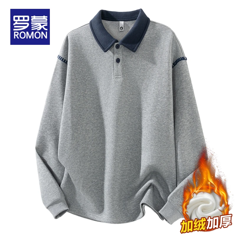 罗蒙男士加绒卫衣长袖POLO领新款美式复古潮流秋冬季休闲保暖上衣