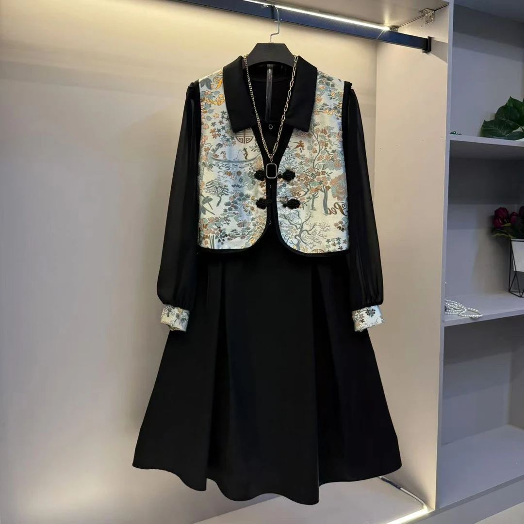 欧货新款显瘦气质时尚高品质新中式马甲连衣裙两件套